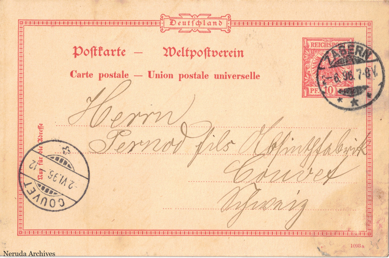 NRA-L-000164 image 1 showing a red German postcard addressed to the Pernod Fils absinthe factory in Couvet, Switzerland, with a stamp and postmarks.