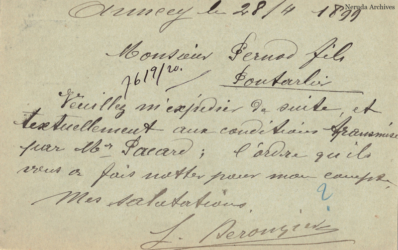 NRA-L-000294 image 2 showing the handwritten message from L. Deronzier to Pernod Fils, with contemporary annotations and the sender's signature or business mark.