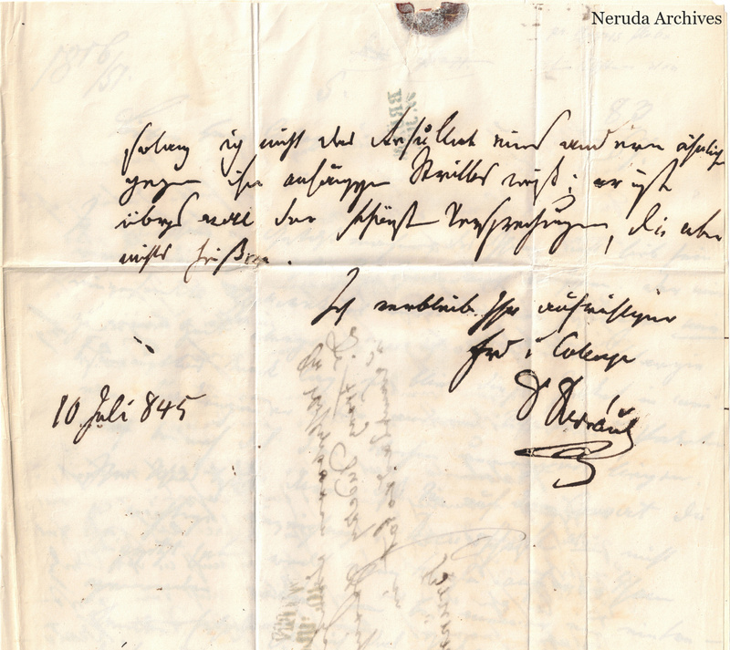 NRA-L-000149 image 6 showing the lower overlapping capture of the second German manuscript letter side, dated 10 July 1845, with closing lines, signature, postal impression and seal residue.