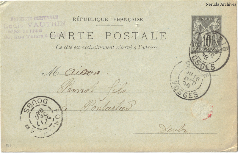NRA-L-000295 image 1 showing the address side of a postcard sent by Louis Vautrin to Pernod Fils, with contemporary postal and business marks.
