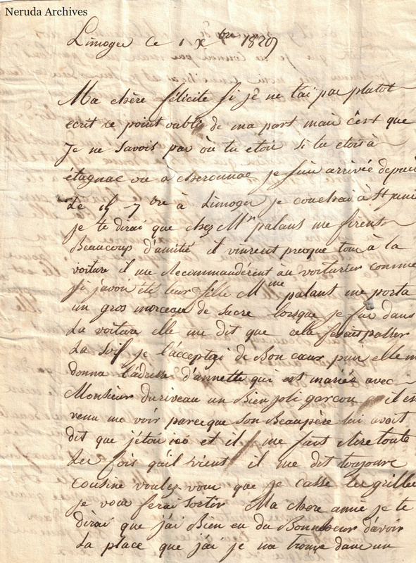 NRA-L-000011 image 2 showing the first page of Christine's letter from Limoges, dated 1 December 1829.