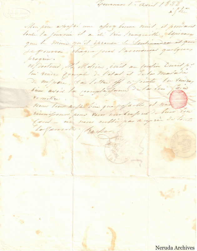 NRA-L-000526 image 2 showing a handwritten French letter continuation with closing, signature, later notes, folds and paper edges.