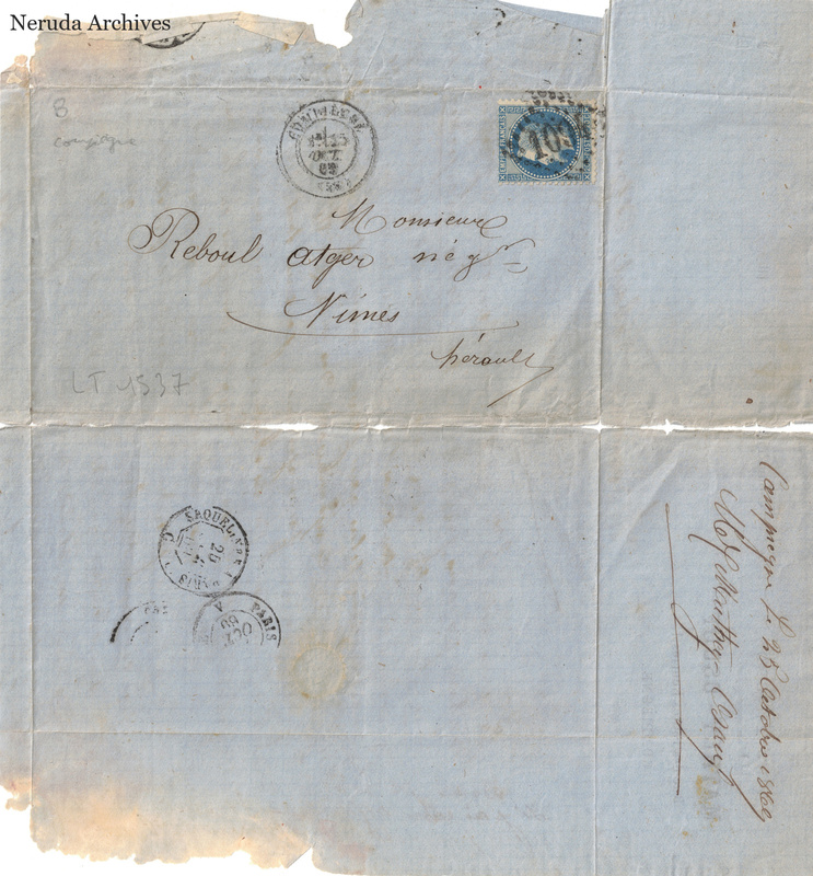 NRA-L-000074 image 1 showing a blue address panel with a postage stamp, several postmarks, docketing and damaged edges.