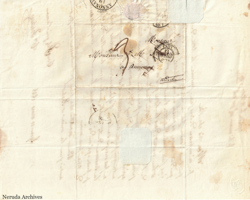 NRA-L-000559 image 1 showing a folded address panel to a Frachon correspondent with postal marks, routing notes, seals, folds and retained annotations.
