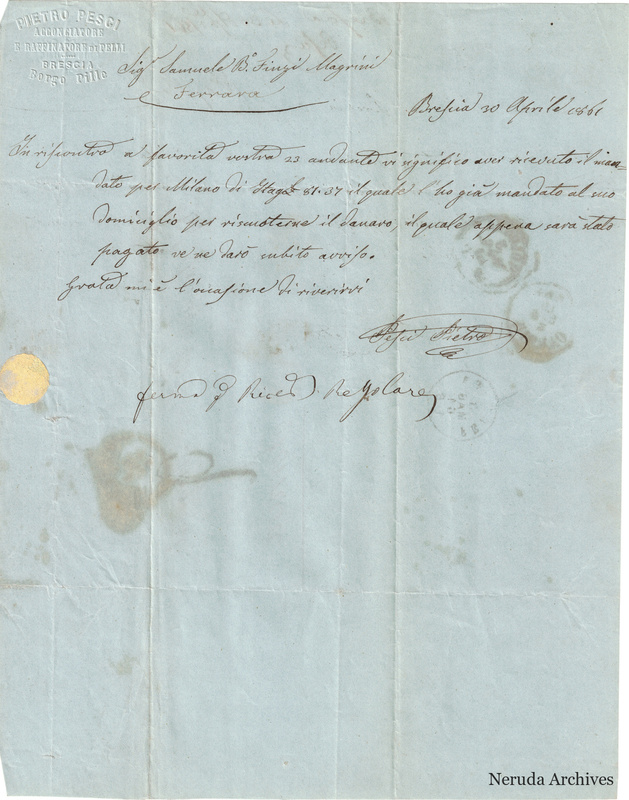 NRA-L-000720 image 2 showing the incoming Italian letter from Pietro Pesci in Brescia, with the handwritten signature and business text.