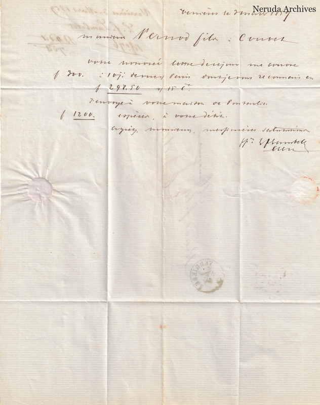 NRA-L-000111 image 2 showing a short French commercial letter dated at Verrieres with figures, a signature, a circular postal mark and two seal remnants.