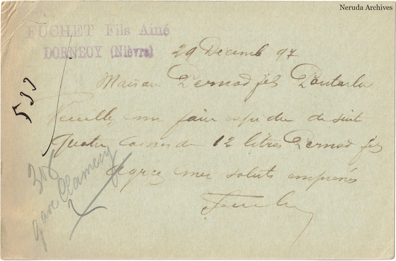 NRA-L-000199 image 2 showing the handwritten message from Fuchet Fils Aîné to Pernod Fils, with contemporary annotations and the sender's signature or business mark.