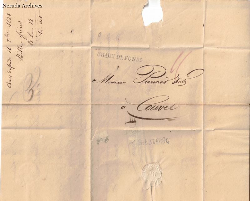 NRA-L-000104 image 1 showing address panel and postal evidence for letter from Bille Frères to Pernod fils requesting prices for absinthe extract, September 16, 1828.