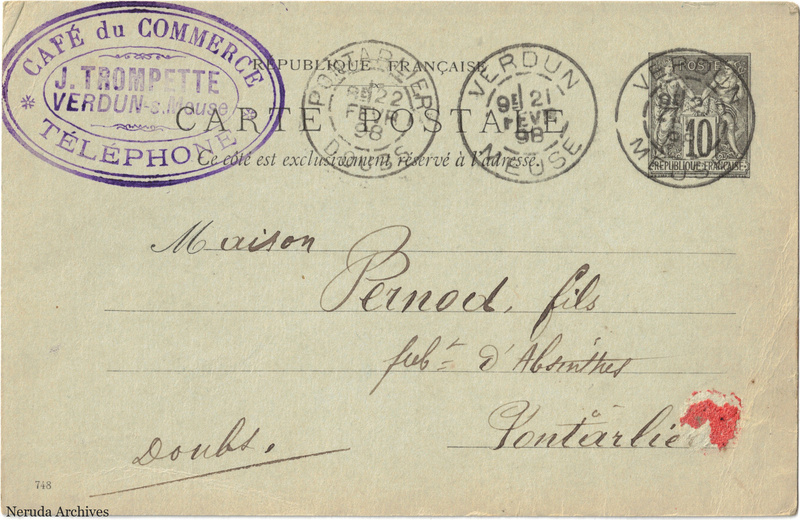 NRA-L-000237 image 1 showing the address side of a postcard sent by Jules Trompette, Café du Commerce to Pernod Fils, with contemporary postal and business marks.