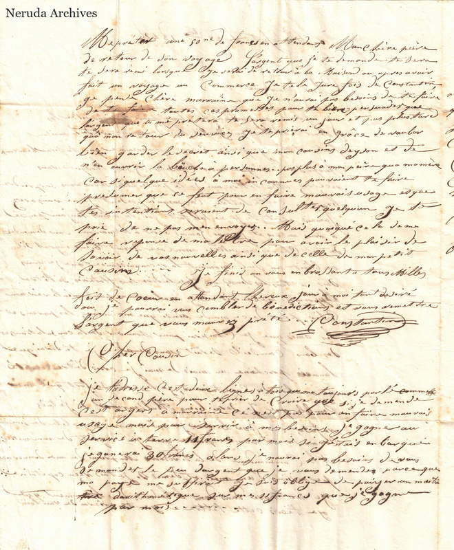 NRA-L-000410 image 3 showing the continuation of Constantin's personal letter, including his request for a loan of fifty francs and a note to his cousin.