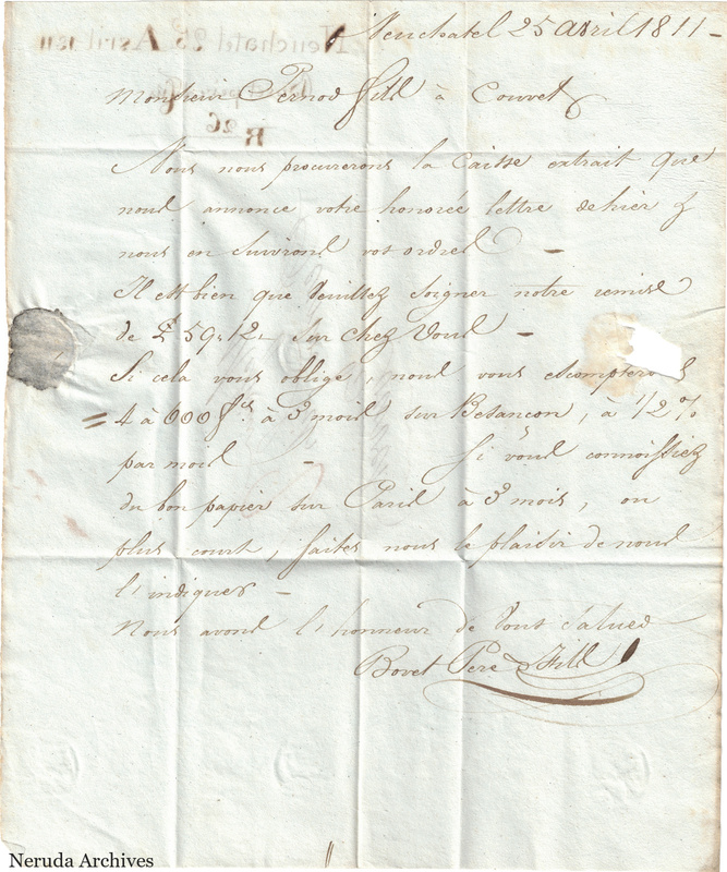 NRA-L-000089 image 2 showing letter text for letter from Bovet Père & Fils to Pernod fils concerning extract and remittances, April 25, 1811.