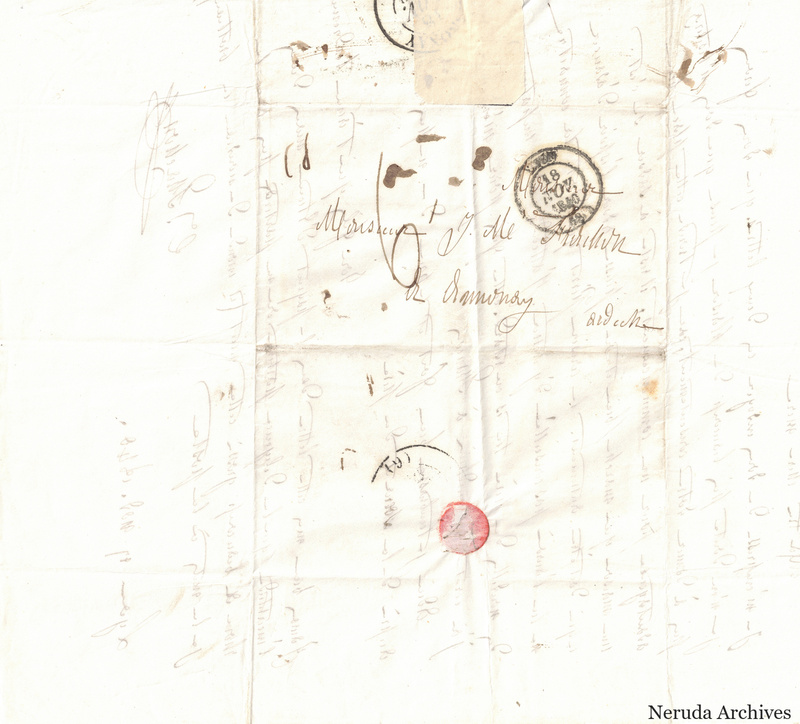 NRA-L-000541 image 1 showing a folded address panel to a Frachon correspondent with postal marks, forwarding notes, seals and visible folds.