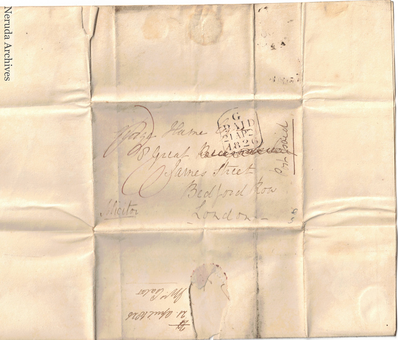 NRA-L-000014 image 1 showing the address panel, postal marks and exterior annotations for Mary Sophia Coates's letter to Thomas Lane, solicitor, in London.
