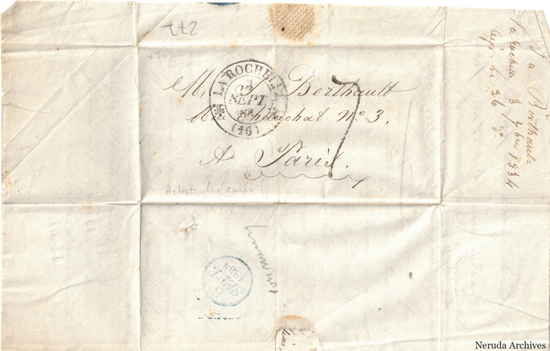NRA-L-000464 image 1 showing the address panel to M. Berthault in Paris with postal evidence.
