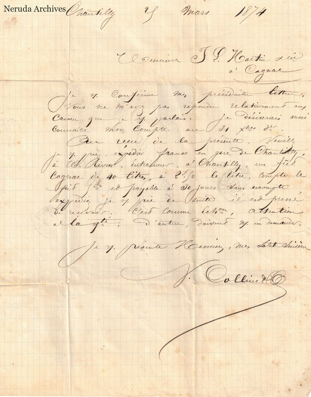 NRA-L-000323 image 2 showing the French letter dated at Chantilly on 28 March 1874, with its closing and sweeping handwritten signature.
