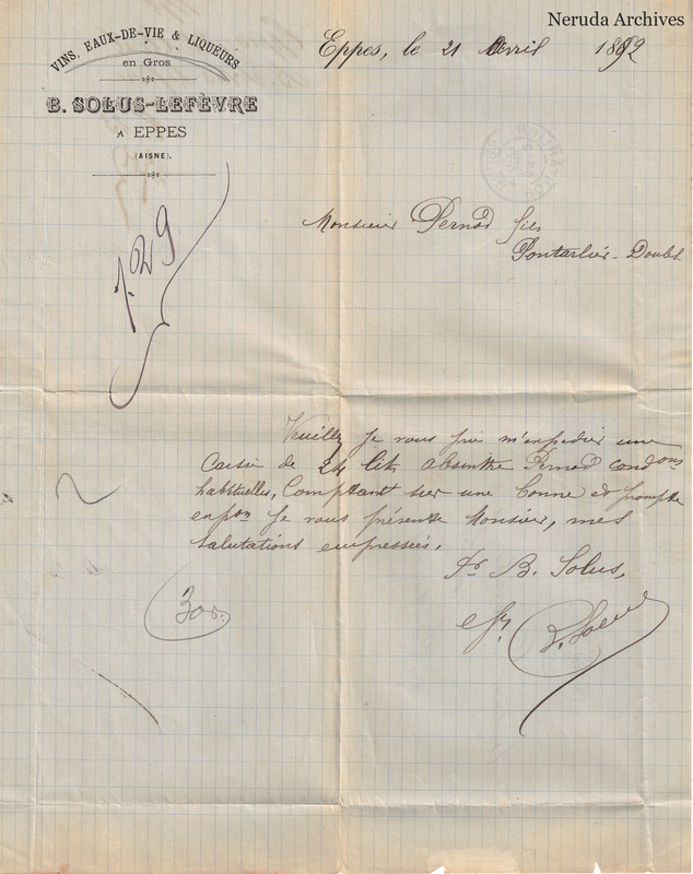 NRA-L-000626 image 1 showing the B. Solus-Lefèvre letterhead and handwritten order for 24 litres of absinthe, dated Eppes, 21 April 1892.