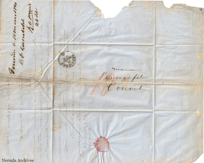 NRA-L-000116 image 1 showing a folded blue-paper address panel to Pernod fils in Couvet with a circular postmark, receiver notes, seal remnant and a large loss along the upper edge.