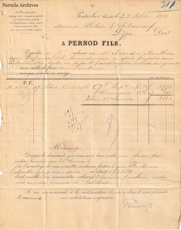 NRA-L-000139 image 2 showing a printed Pernod fils invoice and accompanying handwritten letter from Pontarlier, with absinthe entries, financial figures, signature, folds and small binding holes at the left edge.