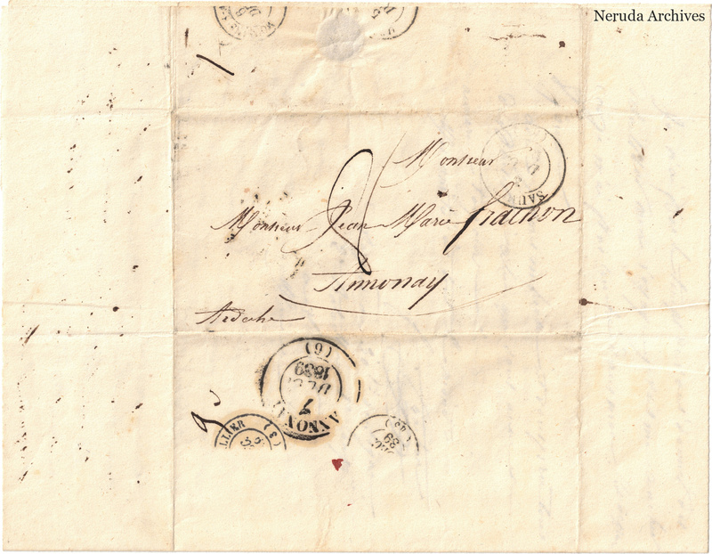 NRA-L-000616 image 1 showing a folded address panel to a Frachon correspondent at Annonay, with handwritten delivery address, postal marks, sealing evidence, folds and retained annotations.