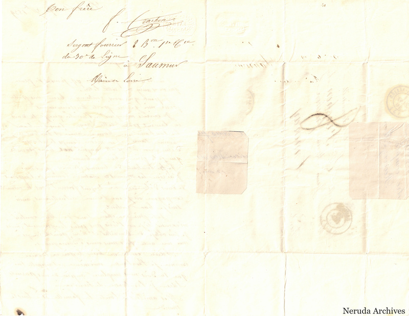 NRA-L-000562 image 2 showing a folded address panel to a Frachon correspondent with postal marks, routing notes, seals, folds and retained annotations.