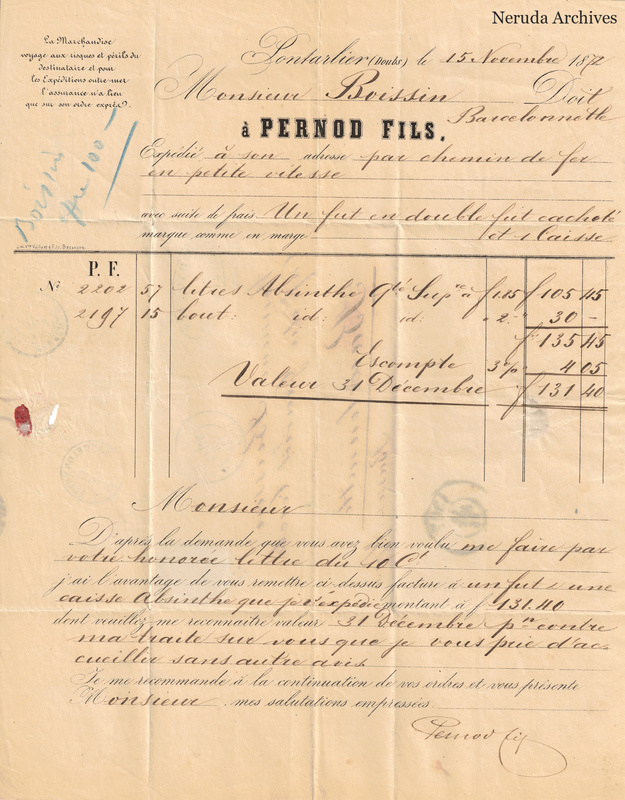 NRA-L-000127 image 2 showing a Pernod fils account statement and accompanying handwritten letter dated at Pontarlier, with financial entries, signature, postal impressions and folds.