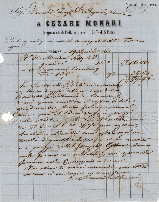 NRA-L-000757 image 2 showing Cesare Monari's letter and invoice from Bologna dated 19 Aprile 1862, with signature and invoice figures.
