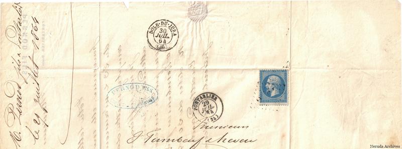 NRA-L-000145 image 1 showing a surviving horizontal fragment of a folded address panel, with a postage stamp, Pernod fils handstamp, Pontarlier and Dijon postal marks, manuscript docketing and a ragged lower-right edge.