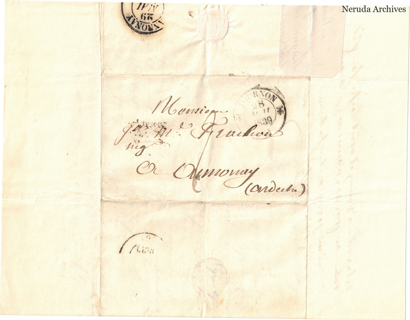 NRA-L-000583 image 1 showing a folded address panel to a Frachon correspondent with postal marks, routing notes, seals, folds and retained annotations.