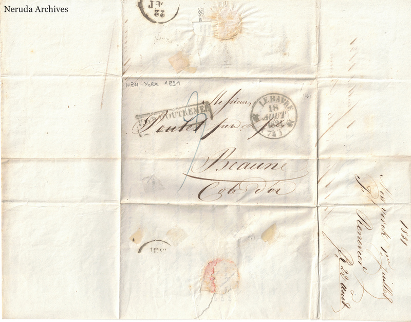 NRA-L-000123 image 1 showing the folded address panel to Roulet père & fils in Beaune with Le Havre and overseas postal marks, manuscript rate, receiver docketing and seal remnant.