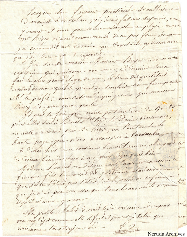NRA-L-000560 image 4 showing a handwritten French letter continuation with closing, signature, later notes, folds and paper edges.