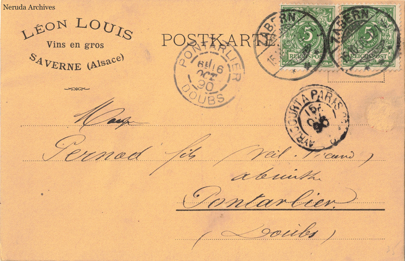 NRA-L-000163 image 1 showing a Léon Louis wine merchant postcard addressed to Pernod Fils at Pontarlier, with two postage stamps and several postmarks.