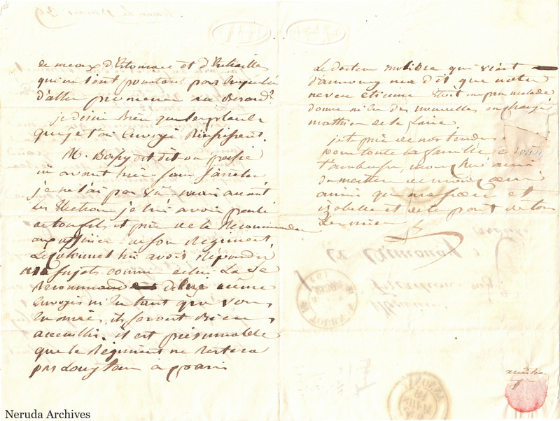 NRA-L-000576 image 2 showing a folded French letter combining manuscript text, address panel, postal marks, seals, folds and retained annotations.
