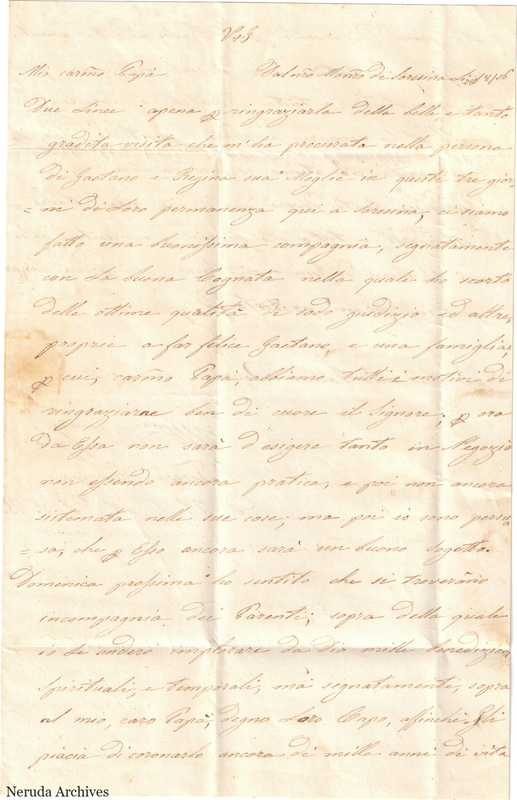 NRA-L-000634 image 2 showing the first page of a faint handwritten Italian family letter, with manuscript heading, dense text, folds and complete surviving paper edges.