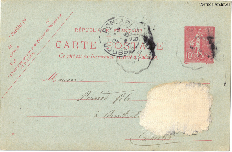 NRA-L-000208 image 1 showing the address side of a postcard sent by L. Chervet to Pernod Fils, with contemporary postal and business marks.