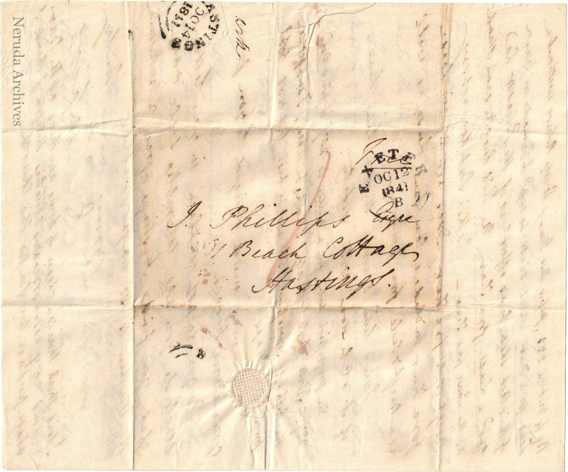 NRA-L-000027 image 1 showing the address to J. Phillips at Beach Cottage, Hastings, with Exeter and Hastings postal marks from October 1841.