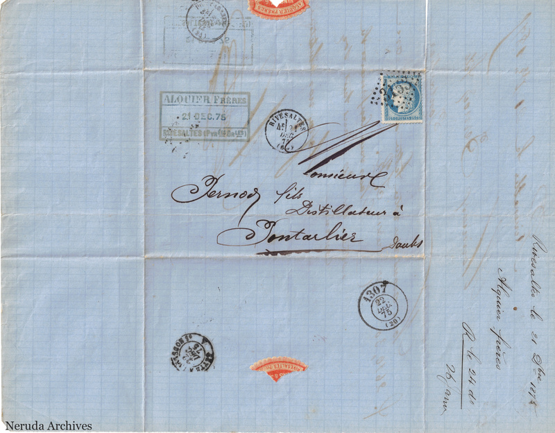 NRA-L-000153 image 1 showing the address panel to Pernod fils, distiller at Pontarlier, with postage stamp, Alquier Freres commercial label, circular postmarks, extensive manuscript docketing and fold lines.