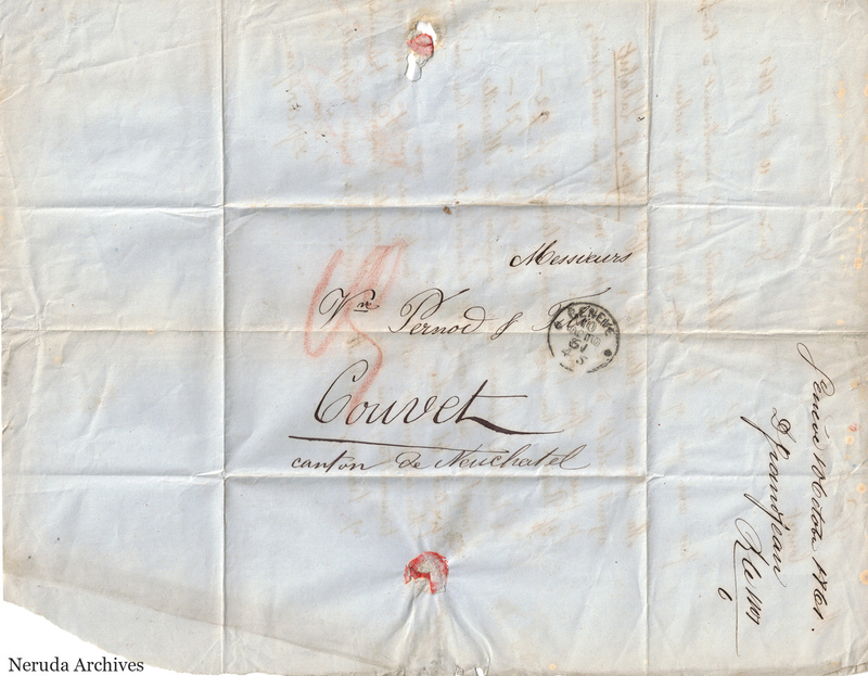 NRA-L-000086 image 1 showing the folded address panel to Veuve Pernod et fils in Couvet with Geneva postal marks, red rate notation, seals and an irregular lower-left paper loss.