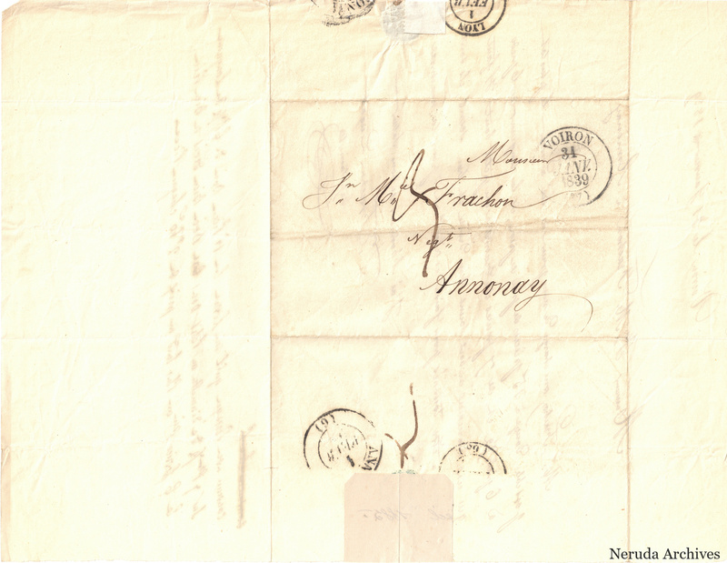 NRA-L-000499 image 1 showing a folded address panel to a Frachon correspondent with postal marks, routing notations and paper folds.