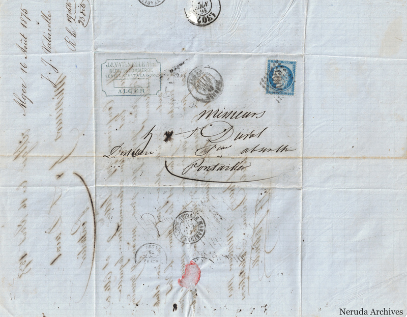 NRA-L-000128 image 1 showing a folded blue-paper address panel to J. J. Duval in Pontarlier with a postage stamp, Algerian and French postal marks, manuscript docketing, folds and sealing-wax evidence.