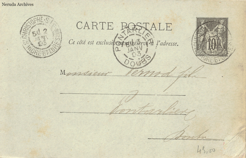 NRA-L-000357 image 1 showing the complete address side of the postcard, with the recipient address, postage, postmarks and contemporary business or filing marks.