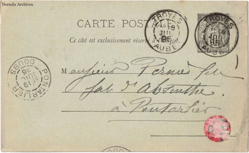 NRA-L-000227 image 1 showing the address side of a postcard sent by G. Tonnellier to Pernod Fils, with contemporary postal and business marks.