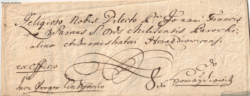 NRA-L-000049 image 1 showing the folded Latin address panel with handwritten destination, docketing and a shadowed lower edge.