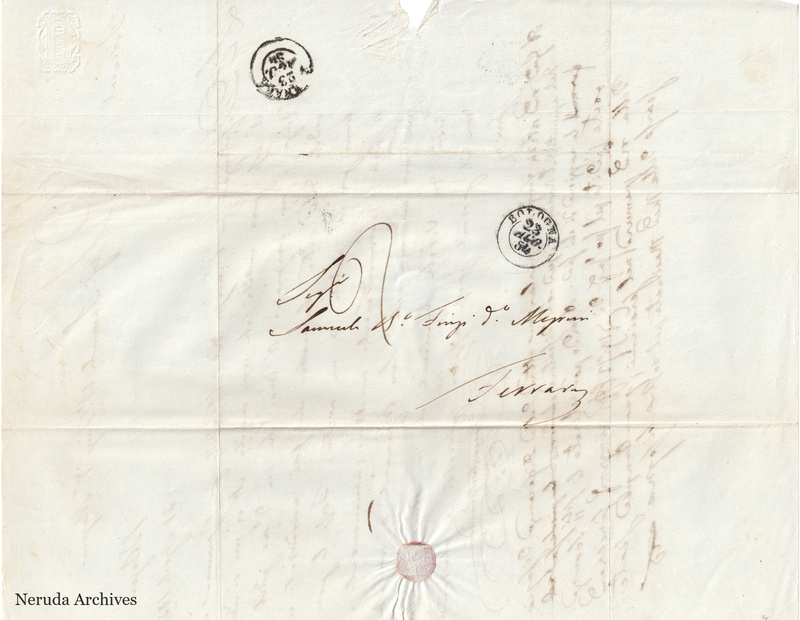 NRA-L-000704 image 1 showing the address panel, postal impressions and seal remains in the Bologna letter of 21 August1854.