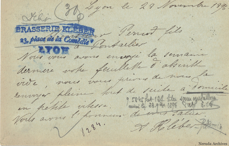 NRA-L-000296 image 2 showing the handwritten message from A. Kléber-Pernin, Brasserie Kléber to Pernod Fils, with contemporary annotations and the sender's signature or business mark.