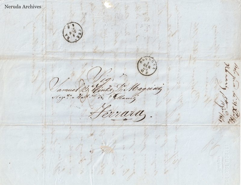 NRA-L-000721 image 1 showing the manuscript address to Samuel Finzi called Magrini in Ferrara, postal marks and docketing.