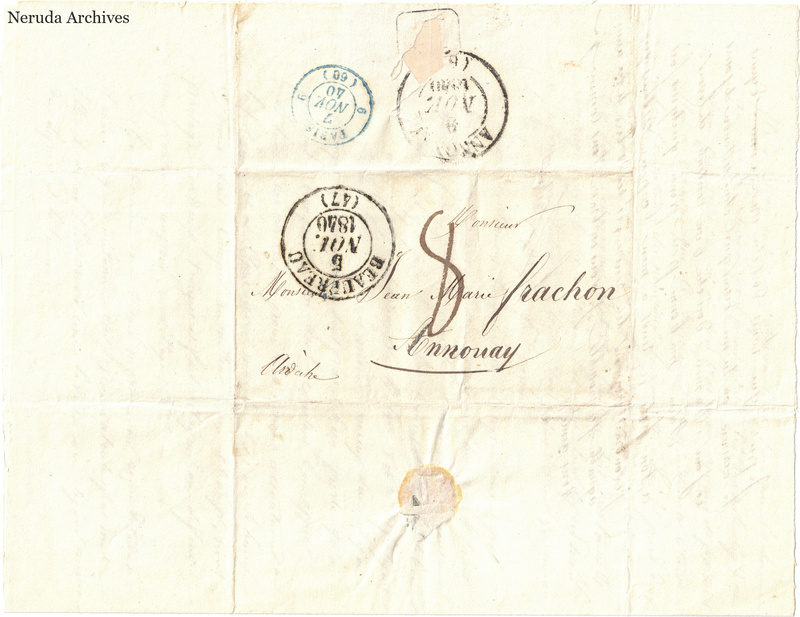 NRA-L-000539 image 1 showing a folded address panel to a Frachon correspondent with postal marks, forwarding notes, seals and visible folds.