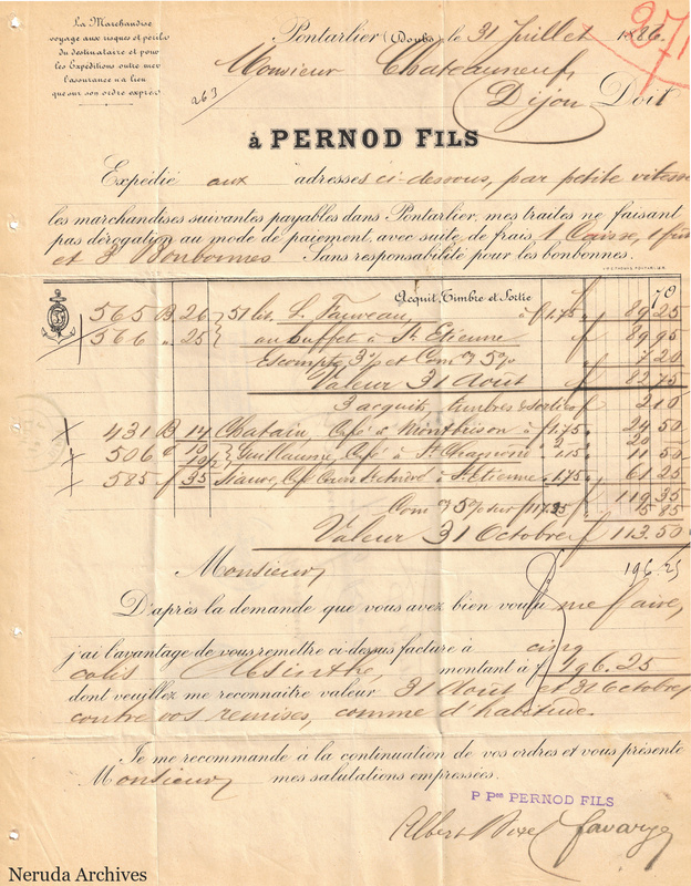 NRA-L-000140 image 2 showing a printed Pernod fils invoice and accompanying handwritten letter to Dijon, with itemized products and prices, signature, folds and binding holes along the left edge.