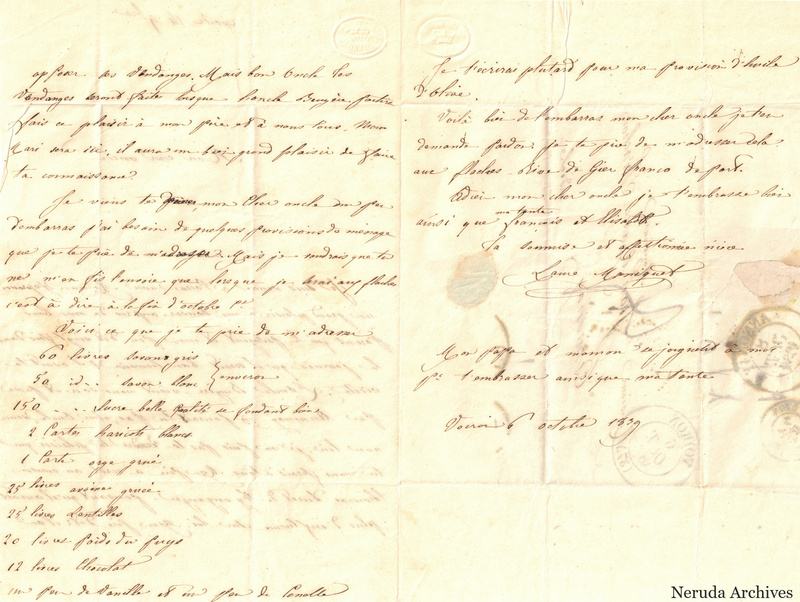 NRA-L-000484 image 2 showing the continuation of a pale French letter across an unfolded sheet, with an account-like list, closing, signature and circular postal marks.
