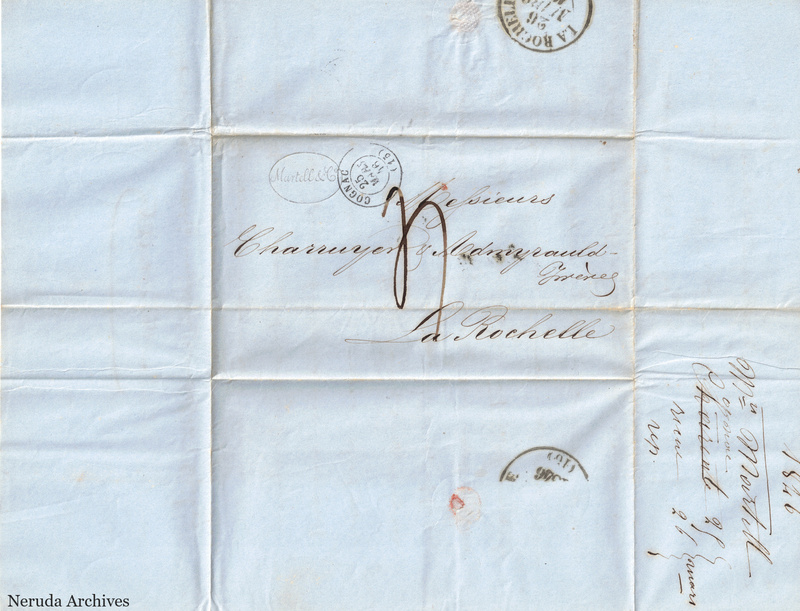 NRA-L-000435 image 1 showing the folded manuscript address panel on blue paper, with the written delivery address, postal markings and closure evidence.