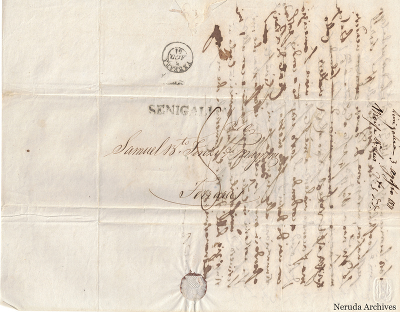 NRA-L-000685 image 1 showing the address to Samuel B.to Finzi, called Magrini, in Ferrara, the SENIGALLIA postal mark, a docket dated 3 August 1851, and mirrored show-through of the reply draft on the reverse.